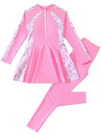 FYMNSI Girls Long Sleeve Swimsuit Two Piece Modest Swimwear Zip Up Top + Swimming Leggings 2pcs Rash Guard Set for 8-12 Years