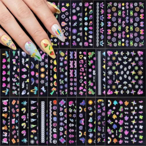 YJHAT 30 Sheets Nail Stickers Self-Adhesive Colorful Flower Waterproof Long-Lasting Easy Peel & Stick DIY Nail Art Decorations for Women