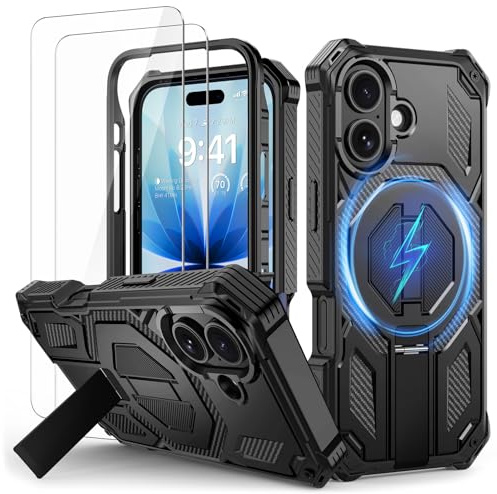 Lanhiem für iPhone 17 Hülle, Ständer, Magnetisch, Stoßfest, Schwarz | mit 2 Stück Schutzfolie, Robust Armor Schutzhülle für MagSafe, 16FT Militärischer Handyhülle für iPhone 17 Case
