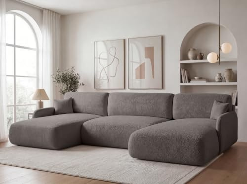 U-Form Wohnlandschaft 360x175 cm Bouclé Dunkelgrau mit Schlaffunktion PIERR | Großes Schlafsofa mit Bettkasten und praktischem Stauraum – moderne, komfortable Couch für großzügige Wohnbereiche