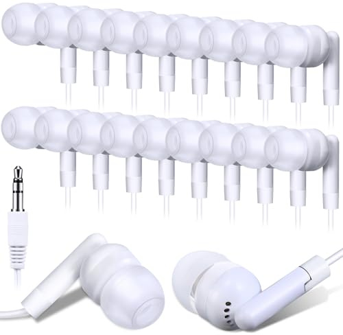 Kanayu Confezione da 500 auricolari cablati per aule, auricolari di base per studenti, senza microfono, con jack da 3,5 mm, per laptop, scuola, biblioteca, confezionati singolarmente (bianco)