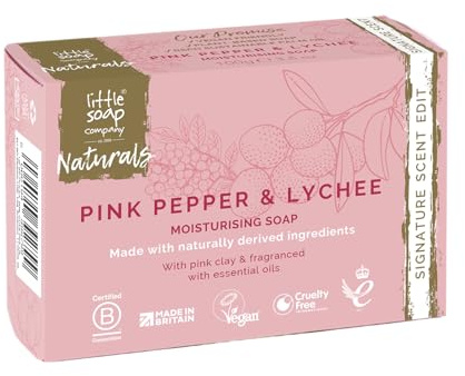 Little Soap Company Naturals Pink Pepper & Lychee Soap Bar, Vegan, 100g | Hand, face and body soap with pink pepper, lychee, pink clay and essential oils; vegan and cruelty-free.
