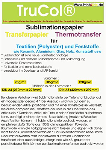100x SUBLIMATIONSPAPIER/Thermo-TRANSFERPAPIER DIN A3 für Shirts, Caps, Tassen, Mousepads... Hervorragende Übertragungsqualität, Farbannahme und Farbsättigung, schnell trocknend, wischfest