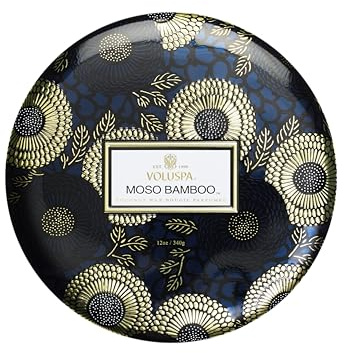 Voluspa Moso Bamboo, 3 Wick Tin Candle, 12 oz, 40 Hour Burn Time, Coconut Wax for Clean Burning, Handcrafted in the USA