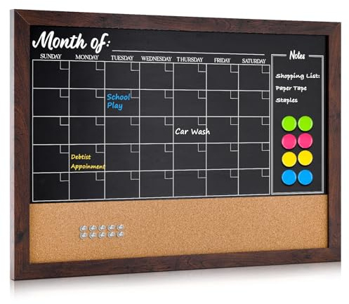 4 THOUGHT Kreidetafel-Kalender-Kombination, 61 x 91,4 cm, große Pinnwand, magnetischer Kalender, Kreidetafel für Wand, Kombinationstafel, Monatsplaner, rustikaler brauner Rahmen, 4 Marker, 8 Magnete,