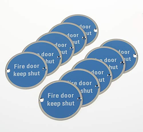 Fire Door Keep Shut - Safety Sign Metal Stainless Round 76x1.5mm Disc with 2 Screws, Pack of 10 (10)