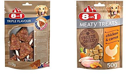8in1 Triple Flavour Wings Kausnack 6 Stück umwickelt mit Hähnchenfilet, 1-er Pack (113 g) & Meaty Treats, gefriergetrocknete Hunde Leckerlis mit Huhn & Karotte, getreidefrei und ohne Zucker