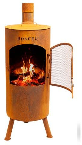BonFeu BonTino LP Rost - Terrassenofen - Feuerstelle mit Funkenschutz für entspannte Abende - Feuersäule Outdoor - Terrassenkamin mit Grillrost - Gartenofen hochwertigem Cortenstahl - 35x35x153cm