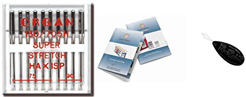 Organ Haushaltsnähmaschinennadeln – Superstretch (HAX1SP) 130/705 H, 10 Stück, Größe: 75/11, 90/14 + einzigartiger großer Nadeleinfädler & Organ Nadel-Index