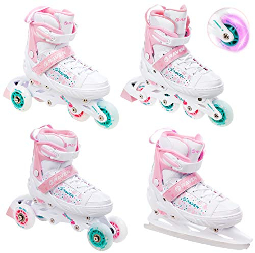 RAVEN 4in1 Inline Skates Triskates Rollschuhe Schlittschuhe Inliner für Kinder Mädchen verstellbar (ROSI, 31-35 (20,5cm-23cm))