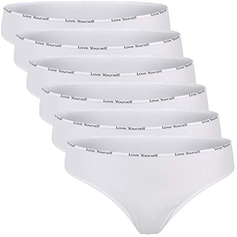 Celodoro Damen Tanga (6er Pack) Mini-Slip mit schmalem Ziergummi und Schriftzug - Weiss XL