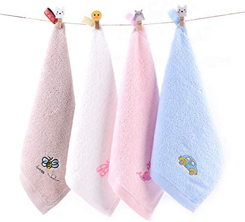 Loialpupy Juego de 4 Toallas de algodón para Invitados, para casa, baño, residencia, Boda, Hotel, 25 x 25 cm, Color Blanco, Rosa, Azul, marrón, Dibujos Animados Bordados