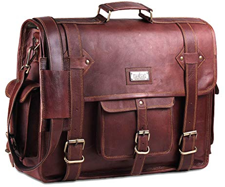 HULSH Leather Messenger Bag for Men – Vintage Laptop Bag Leather Satchel for Men - 18 inch Padded Brown Leather Computer Bag
