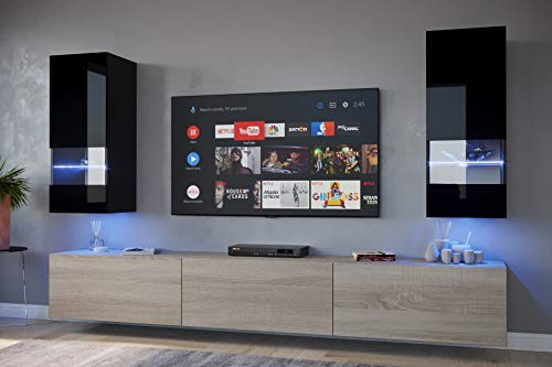 Furnitech Wohnwand Wohnzimmer - Wohnzimmer Möbel mit LED Weiß - Hängend Wohnwand Modern - Wohnzimmer Schrankwand mit Regale und TV Schrank (Sezana AN21-18BS-HGM7 1A)