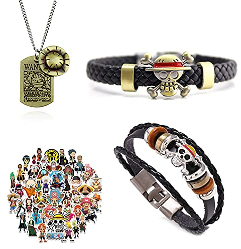 Zaky 28 Pcs Anime Skeleton Pendant Necklace Cosplay Sun Hat Braided Bracelet Sticker Set for Small Medium Persons Collectibles Merch Gifts