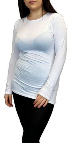 LUXFAB Women's Long Sleeve T-Shirt Top with Scoop Neck Soft Stretch Viscose Fabric Athletic Fit, Bright Colors, Sizes 8-26 Plus Comfert Stretch Ladies White