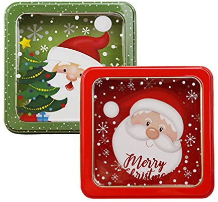 Generic 2 Stück Keksdose Quadrat, Weihnachten Vorratsdose Blech Dose mit Deckel Santa Klaus Motiv, Eisen Plätzchendose Gebäckdose Retro Aufbewahrung Box, 15 x 15 cm Keksdosen
