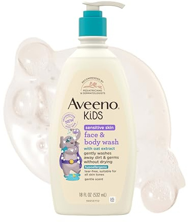 Aveeno Kids Sensitive Skin Face & Body Wash with Oat Extract, Gently Cleans Dirt & Germs without Drying, Tear-Resistant & Suitable for All Skin Tones, Hypoallergenic, 45 ml