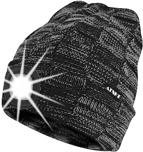 ATNKE LED Mütze mit Licht,Wiederaufladbare USB Laufmütze mit Licht Extrem Heller 4 LED Lampe Winter Warme Gefüttertes Fleece Stricken Beleuchtete Mütze für Herren und Damen Geschenke/Schwarz