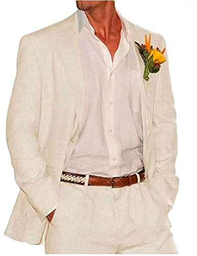 Botong Lot de 2 costumes de mariage en lin pour homme avec revers en pointe, costume de bal de fin d'année, smoking pour marié, costume d'été de plage, tenue décontractée, ivoire, 27