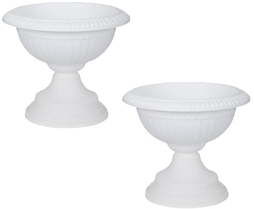 PREMZO Classical Round Grecian URN Patio Pots 42 CM Flower Planter Outdoor Or Indoor Plant Plastic Base Home Office Garden Wedding Flower Porch Front Door Planter Set Of 2 (WHITE)