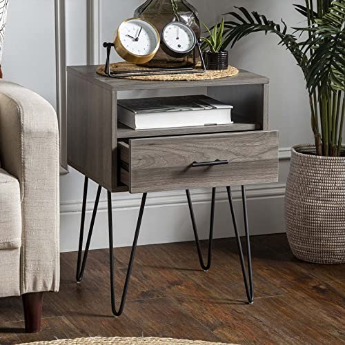 URBNLIVING Wooden Bedside Table Side Cabinet Unit Retro Style Night Stand With 1 Shelf and 1 Storage Drawer, Black Steel Hairpin Legs (Slate Grey)