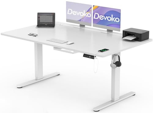 Devoko Bureau Assis Debout Électrique 160×80cm, Bureau Électrique avec Chargeur Type-C Organiseur de Câbles et 3 Positions Mémorisables Réglable en Hauteur pour Bureau, Télétravail, Blanc