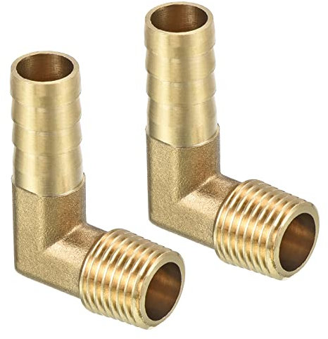 QUARKZMAN 10mm Púas a 1/4 PT Macho Rosca Tubería x 2uds 90 Grados Codo Latón Espiga Manguera Montaje para Aire Agua Combustible Neumática Manguera, Oro