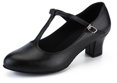 YKXLM Zapatos de Baile Latino para Mujer Salón de Baile Estándar Tacón Medio Suela Suave Punta Cerrada,Tacon 5cm,Negro,EU 37.5