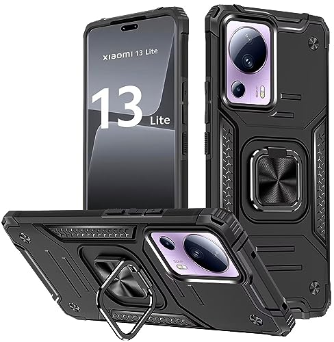 KANSi Hülle für Xiaomi 13 Lite/Xiaomi 13 Lite 5G, Silikon TPU Hart PC Handy Hüllen 360 Grad Drehbar Ringhalter Bumper Stoßdämpfung Schutzhülle - Schwarz