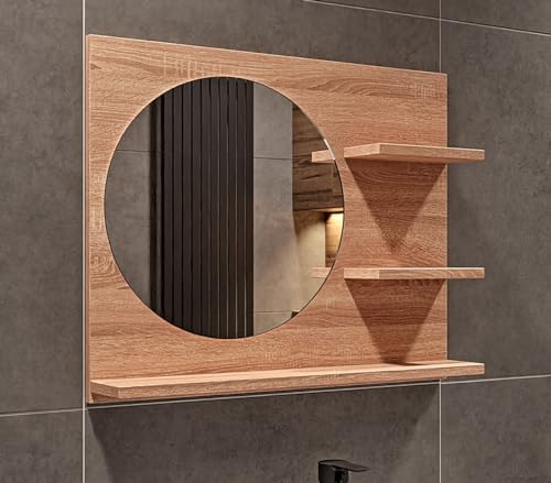 HAJDUK FURNITURE Badspiegel mit Ablage Sonoma-Eiche - 60 cm x 50 cm - Spiegel Links - Badezimmerspiegel - Bad Spiegel Rund - Wandspiegel - Spiegelschrank - Spiegel Durchmesser: 40 cm