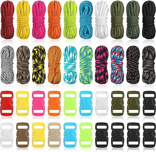 Shappy Paracord Set: 20 Stück 550 Paracord Schnüre & 20 bunte Schnallen - DIY Armbänder, Schlüsselanhänger, Hundeleine - Frische Farben, nicht zusammenklappbar - für Erwachsene