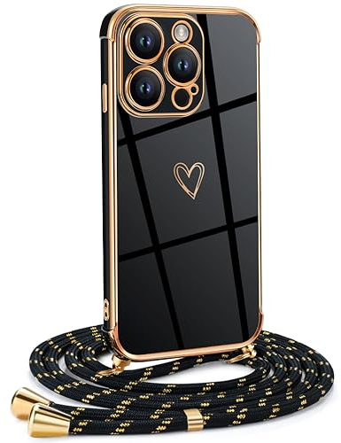 Mkej Frauen Mädchen Handykette Kompatibel mit iPhone 15 Pro Max - Silikon Hülle mit Band - Handyhülle für iPhone 15 Pro Max Herz Love Design Galvanik - Hülle mit Kordel in schwarzes Gold