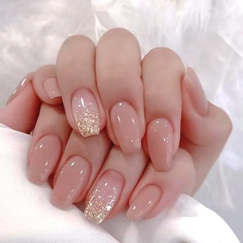 24 Pièces Français Faux Ongles Moyen Carré, Rose Brillant Press on Nails Ballerine Ongles à Coller, Acrylique Pleine Couverture Square Faux Ongles Autocollants pour Femmes et Filles, 12 Tailles