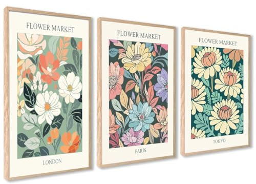 Stilvolles Blumen Bilder Set | 3 Stück 50x70cm | Flower Market Vintage Poster Set Kunstdruck | Wohnzimmer Wall Art | ohne Rahmen