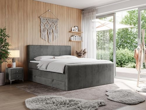 MKS MEBLE King Boxspringbett 200x200, Polsterbett 200x200 mit Bettkasten, Bett 200x200 mit Multipocket-Matratze H4, Boxspringbett 200x200 mit Kopfteil und Topper - H4 Dunkelgrau Velvet - Doren