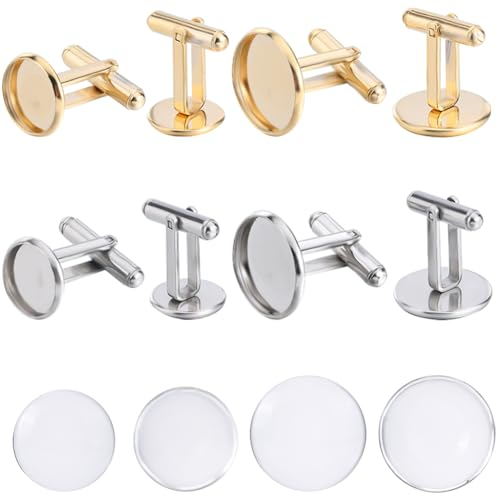 Beebeecraft 1 Caja 8 Piezas Gemelos En Blanco de 2 Colores de 12/16 mm Bandeja Redonda Dorada de Acero Inoxidable con 8 Piezas Cubiertas de Vidrio Transparente Cúpula Cabujones Bisel En Blanco