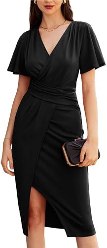 GRACE KARIN Women Black Dresses Midi Wrap Slit Bodycon Dress Short Sleeve Ruffle Ruched Smocked Pencil Business Work Dress S