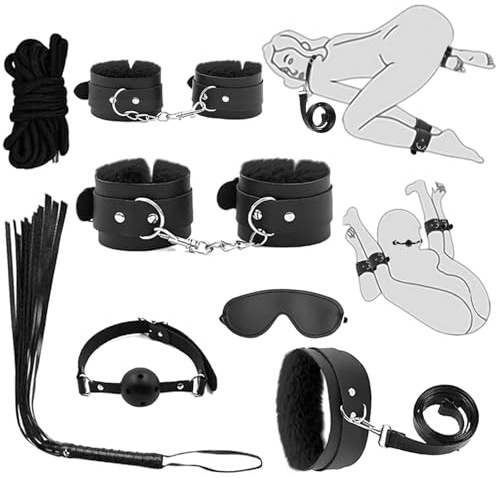 Lneibid 7-Pcs BDSM Kit for Beginners, Black Bondage Set for Couples with Adjustable Wrist & Ankle Cuffs, Collar, Blindfold, Ball Gag, Flogger & Ropes, Complete Adult Toy