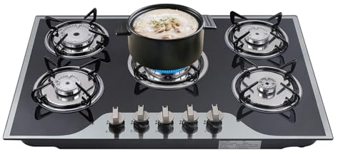 MIIWWOWO Cocina de gas de 5 fuegos de vitrocerámica, placa de gas, 5 fuegos, cocina de gas grande, empotrable, 77 cm, color negro, 5 fuegos, para gas propano