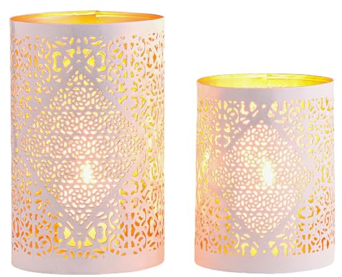 Marrakesch 2er Set Boho Deko Teelichthalter Windlicht 20cm groß weiß Gold | Kerzenhalter Kerzenständer Yazim als Aesthetic Deko für Wohnzimmer | Orientalische Windlichter als Balkondeko