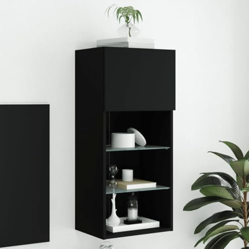 Homgoday TV-Schrank mit LED-Lichtern, schwarz, 40,5 x 30 x 90 cm, TV-Schrank für Wohnzimmer, TV-Schrank, niedriger Schrank für industrielle Wohnzimmer, TV-Ständer