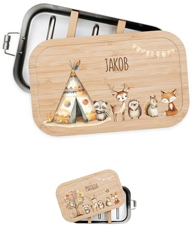 Bärenfreunde® - Personalisierte Brotdose für Kinder mit Spezial-Druck - Robuste Edelstahl Brotdose - Personalisierte Geschenke für Kinder & Erwachsene (Zelt Tiere,klein Weißblech)