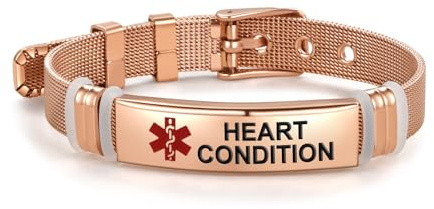 LSxAB Rose Gold Red Medical Alert ID Bracelet for Women Men's Emergency First Aid Health Alert Laser Engraved Satinless Steel Adjustable Wristband Bracelets
