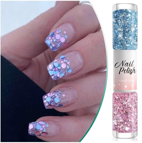 Nail Varnish, Double-head Glitter Nail Polish No Need Baking, Quick Drying Long Lasting Flash Shinny Nail Polish For Women Gift DIY Nail Art Manicure Beauty at Home (Glitter Blue+Glitter Pink, 10ML)