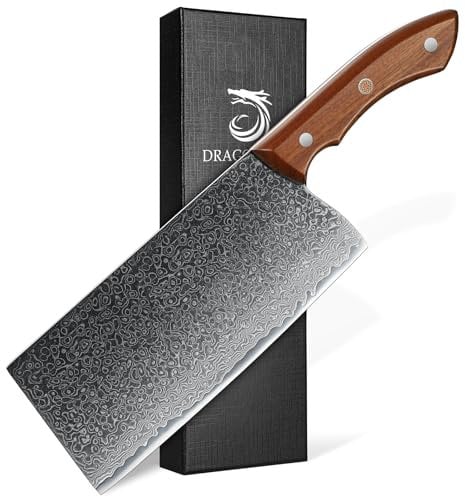 DRAGON RIOT Hackmesser Scharfes, Damastmesser Küchenbeil, Chinesisches Kochmesser 19cm, Profi Küchenmesser Damast, Hackbeil Messer mit Geschenkbox