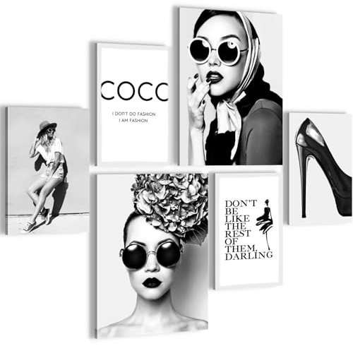 Novart Wandbilder Set Coco Fashion Schwarz Weiss - KEIN EXTRA RAHMEN BENÖTIGT - Modern Deko - Wohnzimmer Mädchen Teenager N028763a