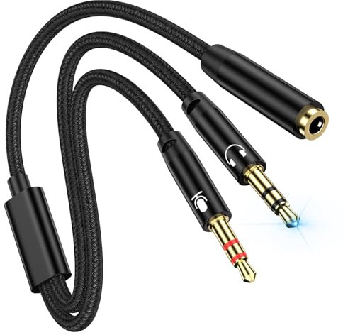 PC Headset Splitter Cable 3.5mm Mic AUX Audio Computer Headphone Microphone Splitter Compatible with Astro A10 A40, Turtle Beach, HyperX Cloud SteelSeries, Sennheiser, Razer Gaming Smartphone Headsets