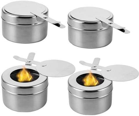 Fuel Paste Container, 4 Pieces Stainless Steel Fondue Burner Spirit Burner with Cover, Food Warmer Burning Container Fuel Paste for Warming Containers, Buffet Accessories, Fondue, Camping
