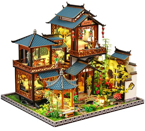 Spilay Miniature House Kits for Adults, Oriental Courtyard Dolls House | with LED & Dust Cover, 3D Wooden Puzzle Model, House Decor for Desk and Bookshelf, Relaxing Craft Project, Creative Gift